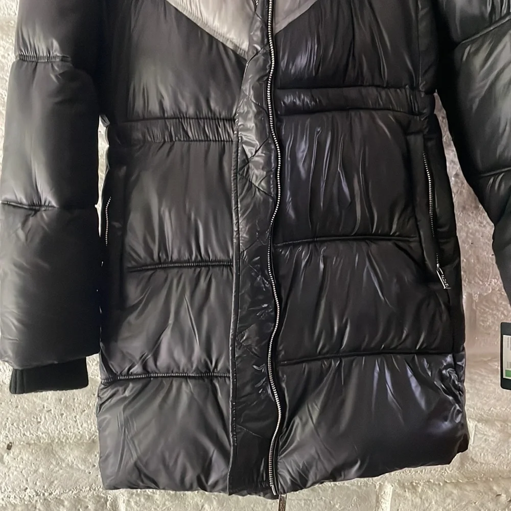 Rachel Roy NWT color block black puffer jacket with faux fur detachable hood
